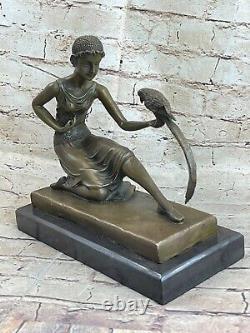 Pure Bronze Statue, Fille Avec Perroquet, Art Déco Signée, Atfer Chiparus Solde