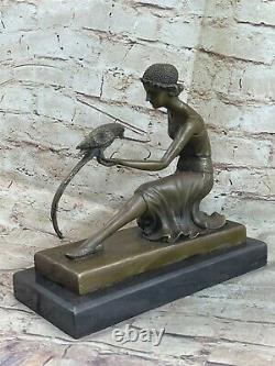 Pure Bronze Statue, Fille Avec Perroquet, Art Déco Signée, Atfer Chiparus Solde