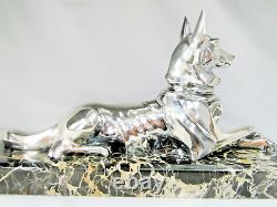 Rare Sculpture Art Deco Bronze Argente Chien Signee H. Petrilly Esprit Lavroff