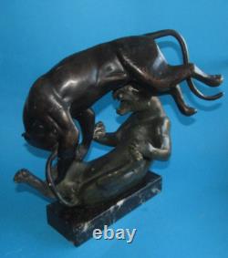 STATUE SCULPTURE EN BRONZE ANIMALIER panthers Panthères ART DECO bronze h 28cm