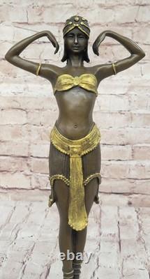 Sculpture En Bronze Après Chiparus Peinte Art Déco Femme Robe Figurine Signée