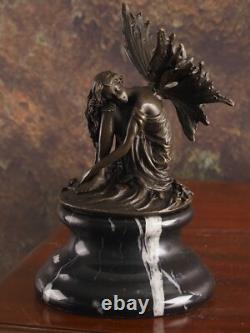 Sculpture En Bronze Art Déco Fée Signée Sur Socle En Marbre Noir D'après Milo