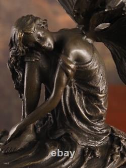 Sculpture En Bronze Art Déco Fée Signée Sur Socle En Marbre Noir D'après Milo