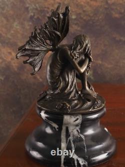 Sculpture En Bronze Art Déco Fée Signée Sur Socle En Marbre Noir D'après Milo