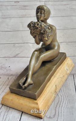 Sculpture En Bronze Art Déco Occidental De Jeune Femme Nue Belle Fleurs Fée