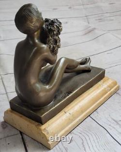 Sculpture En Bronze Art Déco Occidental De Jeune Femme Nue Belle Fleurs Fée