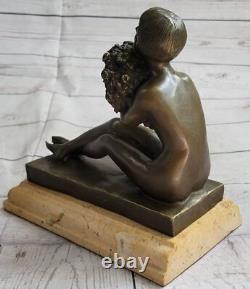 Sculpture En Bronze Art Déco Occidental De Jeune Femme Nue Belle Fleurs Fée