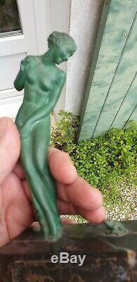 Sculpture En Bronze Art Deco Raymonde Guerbe Femme A La Grenouille Patine Verte