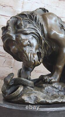 Signée Barye Très Grand Lion Serpent Bronze Statue Art Déco Fonte Figurine Large