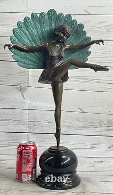 Signée M. Pellier, Bronze Statue Art Déco Paon Dancerlost Cire Méthode