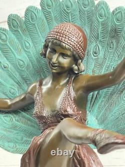 Signée M. Pellier, Bronze Statue Art Déco Paon Dancerlost Cire Méthode
