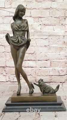 Statue En Bronze Originale Vitaleh D'Art Érotique Art Déco Sexy Fille Avec Chat