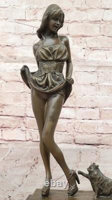 Statue En Bronze Originale Vitaleh D'Art Érotique Art Déco Sexy Fille Avec Chat