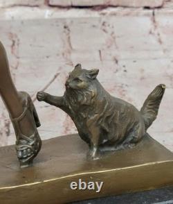 Statue En Bronze Originale Vitaleh D'Art Érotique Art Déco Sexy Fille Avec Chat