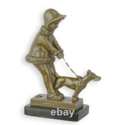 Statue Sculpture Bronze Art Déco Nouveau Petite Fille Chien BE-63 Moderne
