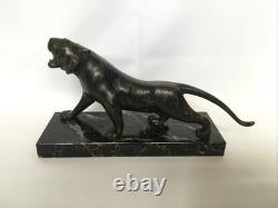 Statue TIGRE RUGISSANT en BRONZE Socle MARBRE VERT DE MER d'époque Art Deco