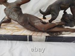 Statue bronze Art Déco femme allongée oiseau tourterelle chien berger allemand