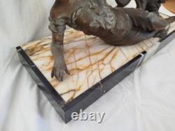 Statue bronze Art Déco femme allongée oiseau tourterelle chien berger allemand