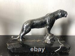 Statuette Tigre Métal Argenté Art Deco Signé Moreau