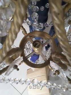 Sublime Lustre Cage Baccarat, Pampilles Cristal Baccarat, 5 Feux, Socle en Bronze