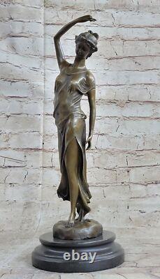 Superbe Fille Signée Sculpture Élégant Art Nouveau Bronze Statue Figurine Deco