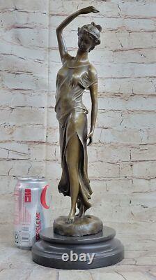 Superbe Fille Signée Sculpture Élégant Art Nouveau Bronze Statue Figurine Deco