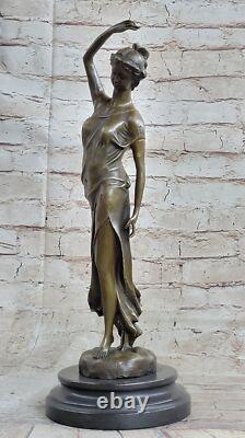 Superbe Fille Signée Sculpture Élégant Art Nouveau Bronze Statue Figurine Deco