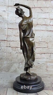 Superbe Fille Signée Sculpture Élégant Art Nouveau Bronze Statue Figurine Deco