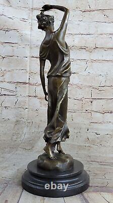 Superbe Fille Signée Sculpture Élégant Art Nouveau Bronze Statue Figurine Deco