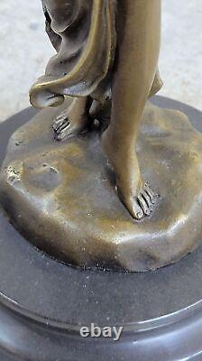 Superbe Fille Signée Sculpture Élégant Art Nouveau Bronze Statue Figurine Deco