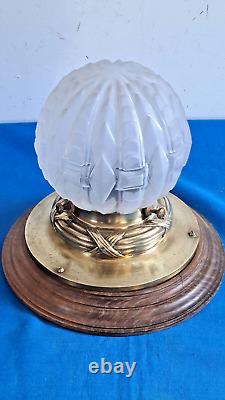 Superbe Gros Globe Art Deco Verre Presse Moule Sur Support Bronze Et Bois