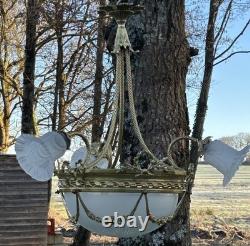 Superbe lustre Bronze Art Déco mélange de style, vers 1930/50, 3 branches 4 feux