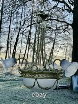 Superbe lustre Bronze Art Déco mélange de style, vers 1930/50, 3 branches 4 feux