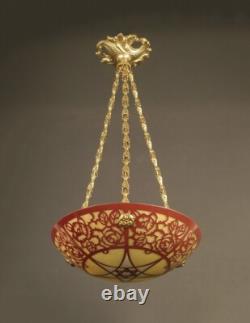 Suspension Vasque Art Déco Bronze, Laiton Et Verre Peint Émaillé