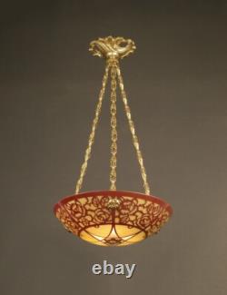 Suspension Vasque Art Déco Bronze, Laiton Et Verre Peint Émaillé