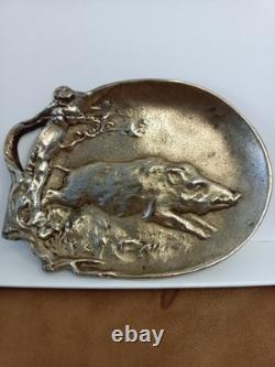 Vide-poche Ancien Art déco en bronze signé Berndorf décor de sanglier-Chasse