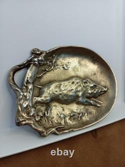 Vide-poche Ancien Art déco en bronze signé Berndorf décor de sanglier-Chasse